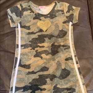 Adorable Sofi camo dress with gold glitter heart
